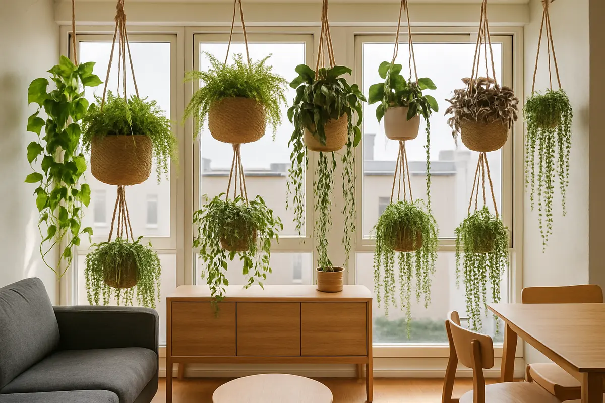plantas pendentes apartamento decoracao prateleira Interior moderno de apartamento com plantas pendentes como jiboia, samambaia e string of hearts em cestas de fibras naturais e suportes de macramê junto a janelas grandes