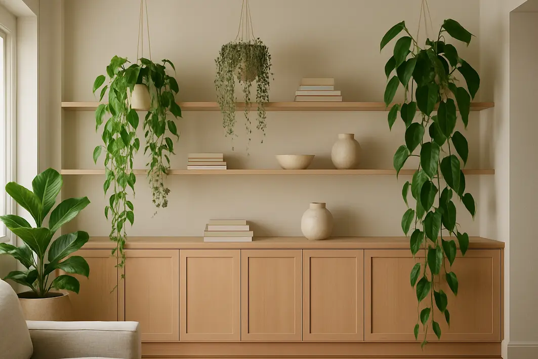 Ambiente interno de apartamento com plantas pendentes naturais em vasos suspensos em prateleiras e armários altos