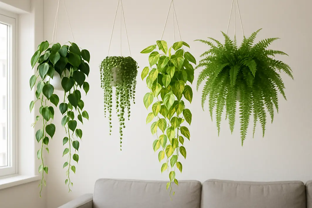 Mãos ajustando vaso pendente com folhas verdes na borda de prateleira de madeira clara