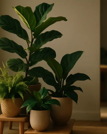 plantas purificam ar sala moderna Conjunto de plantas grandes e saudáveis em canto de sala de estar moderna com janela e mão desfocada ao fundo