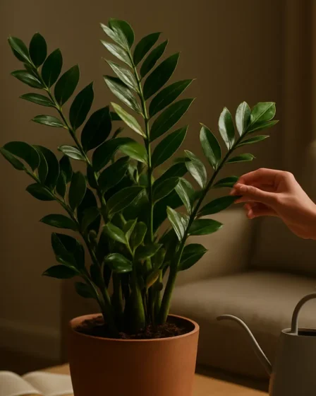 plantas que crescem na sombra 2 Planta Zamioculca em vaso grande em ambiente moderno com luz natural lateral suave