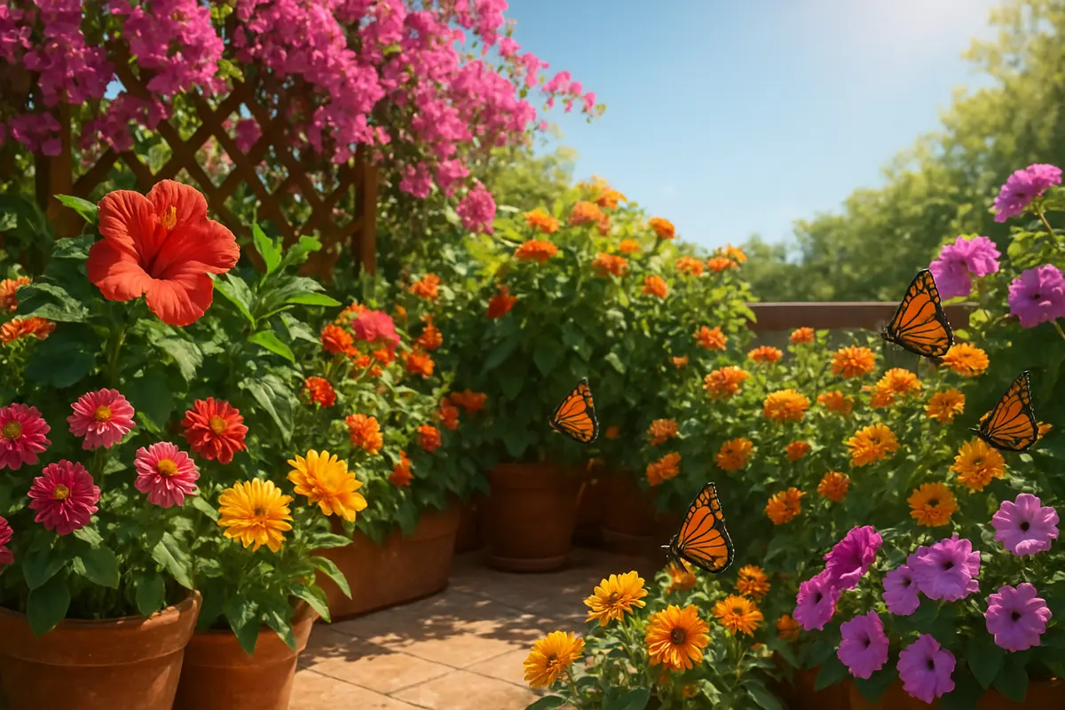 plantas que florescem no verao jardim Jardim ensolarado com vasos e canteiro contendo hibisco vermelho rosa, bougainvillea magenta, lantana multicolorida, zínia, gazânia, dálias e petúnias com abelhas e borboletas