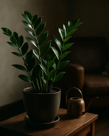 plantas que sobrevivem casa escura 1 Planta Zamioculcas Zamiifolia verde saudável em vaso cerâmico fosco sobre mesa lateral de madeira em sala escura com luz natural lateral
