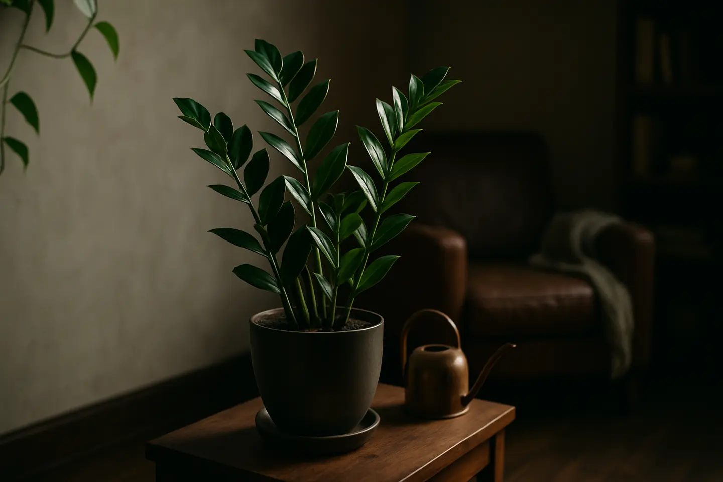 plantas que sobrevivem casa escura 1 Planta Zamioculcas Zamiifolia verde saudável em vaso cerâmico fosco sobre mesa lateral de madeira em sala escura com luz natural lateral