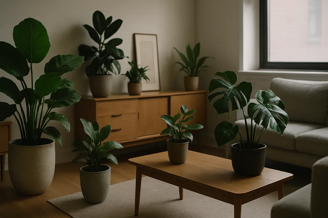 Sala interna com pouca luz natural e diversos vasos com plantas verdes de folhas largas em cantos sombreados e móveis