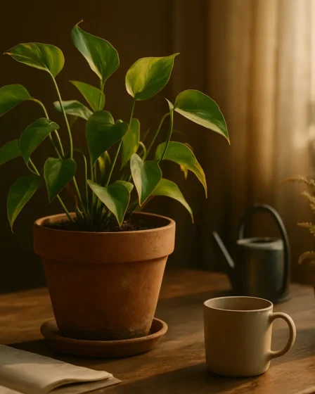 plantas resistentes dentro casa Grupo de plantas resistentes dentro de casa incluindo vaso de terracota com planta trepadeira de folhas verdes vibrantes e vasos secundários com suculenta e samambaia