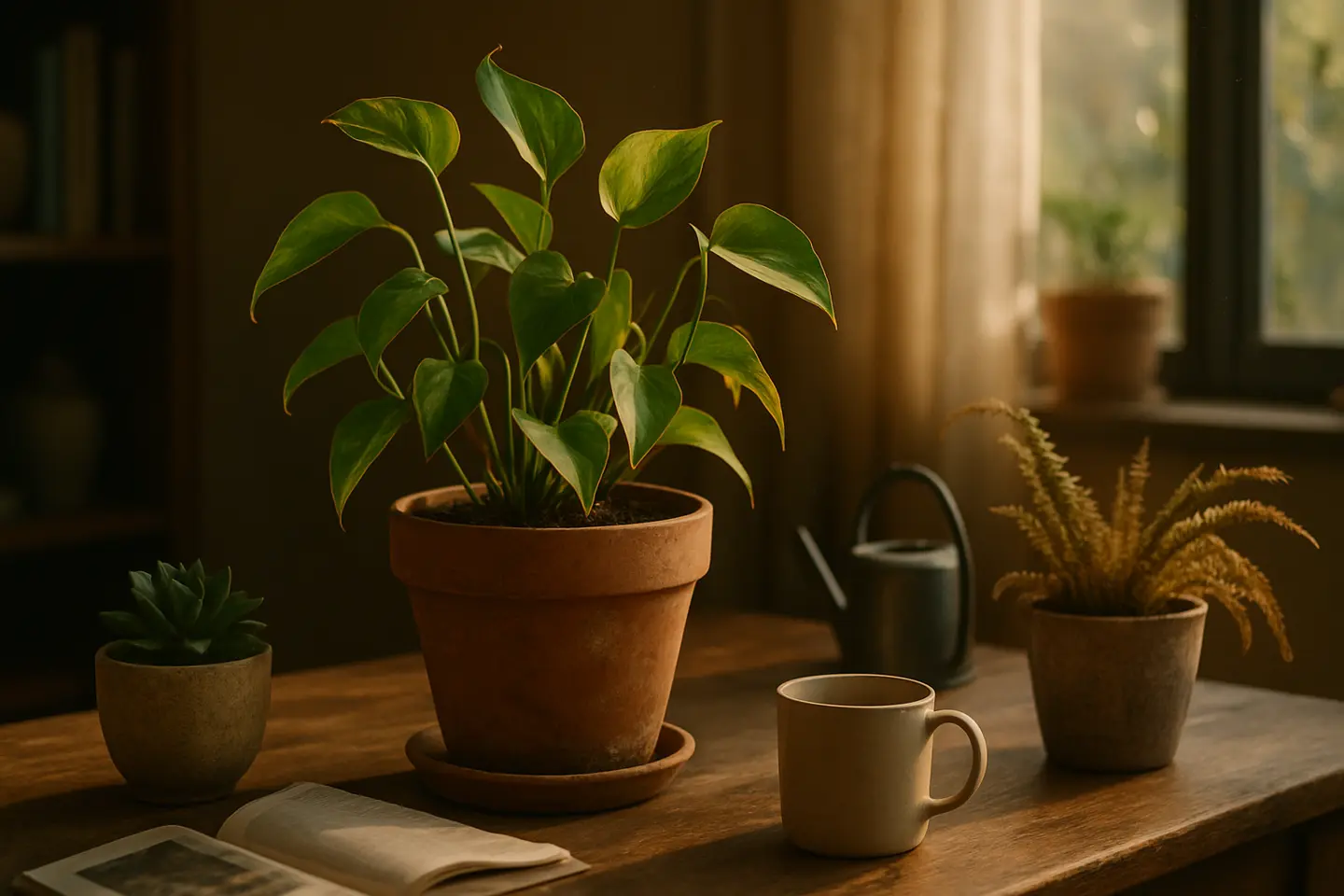 plantas resistentes dentro casa Grupo de plantas resistentes dentro de casa incluindo vaso de terracota com planta trepadeira de folhas verdes vibrantes e vasos secundários com suculenta e samambaia