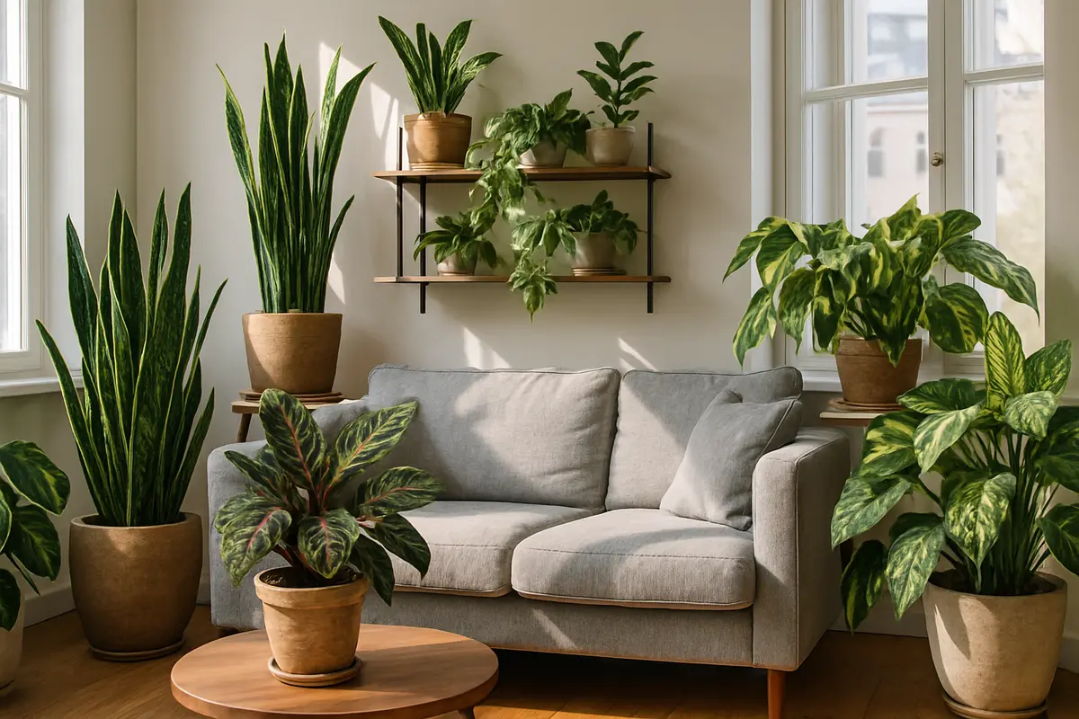 plantas sombra sala arranjo decorativo Sala estilosa com plantas de sombra Sansevieria, Zamioculca, Maranta, Pothos, Filodendro Brasil e Aglaonema em vasos no chão, prateleiras e mesa