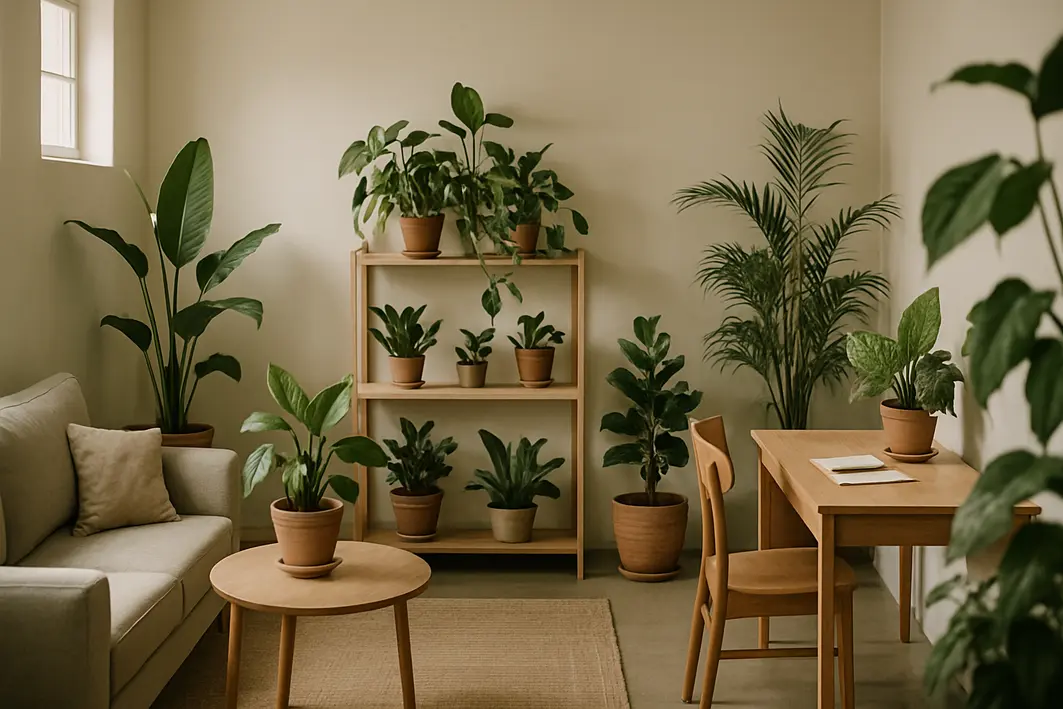 Sala de estar ampla com plantas verdes para sombra distribuídas em vasos sobre prateleiras e mesas