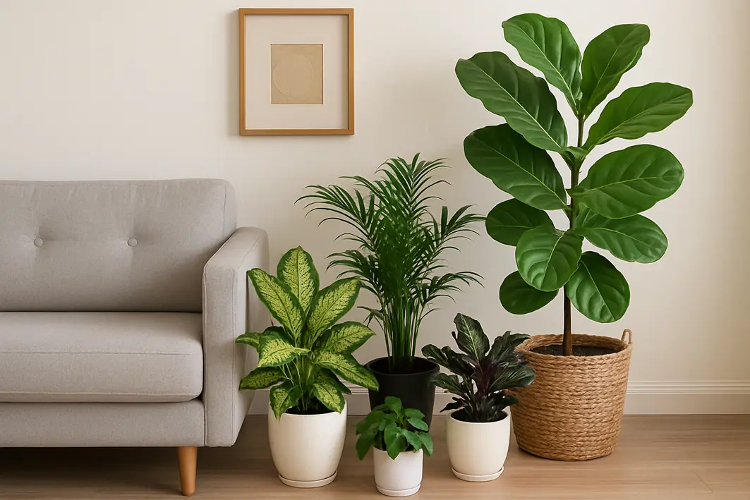 Mãos adultas regando planta de sombra com folhas verde escuras em vaso decorativo ao lado de janela com luz indireta em sala