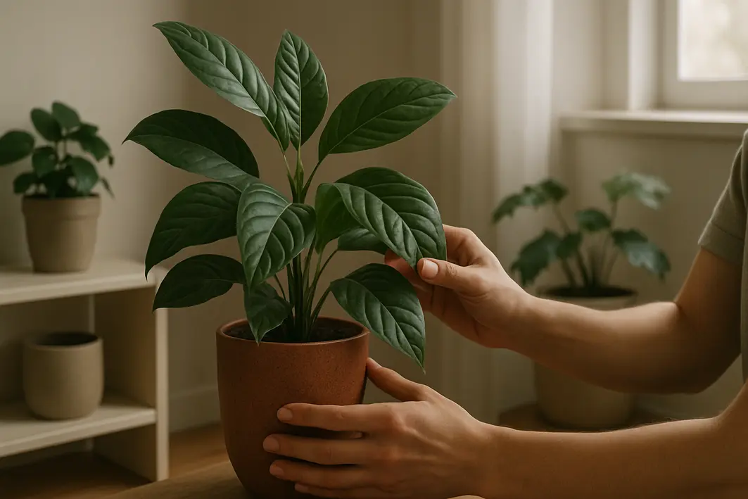 Mãos ajustando vaso com planta de sombra dentro de sala com luz natural indireta e vasos de cerâmica em diferentes alturas