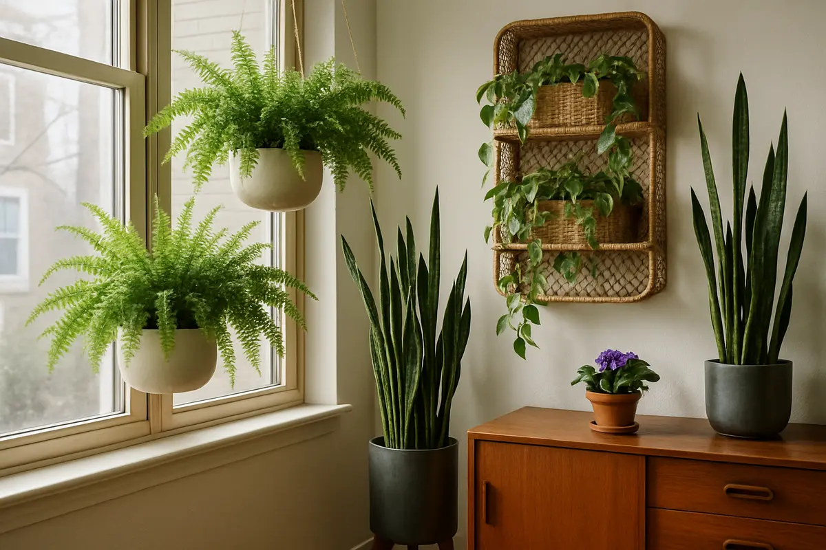 plantas vintage decoracao sala estar 1 Canto de sala moderna com samambaias em vasos cerâmicos suspensos e jiboia em prateleiras de rattan junto a sansevierias em vasos de metal e violeta africana em vaso de terracota