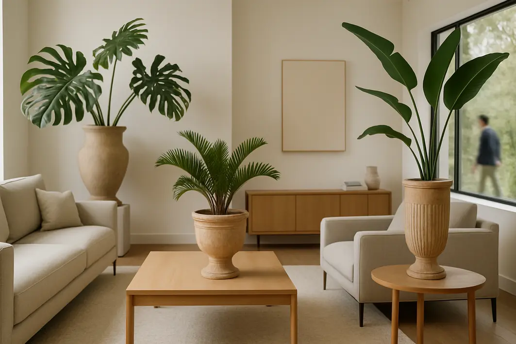 Sala de estar moderna ampla com móveis neutros e vasos com plantas vintage exuberantes em destaque