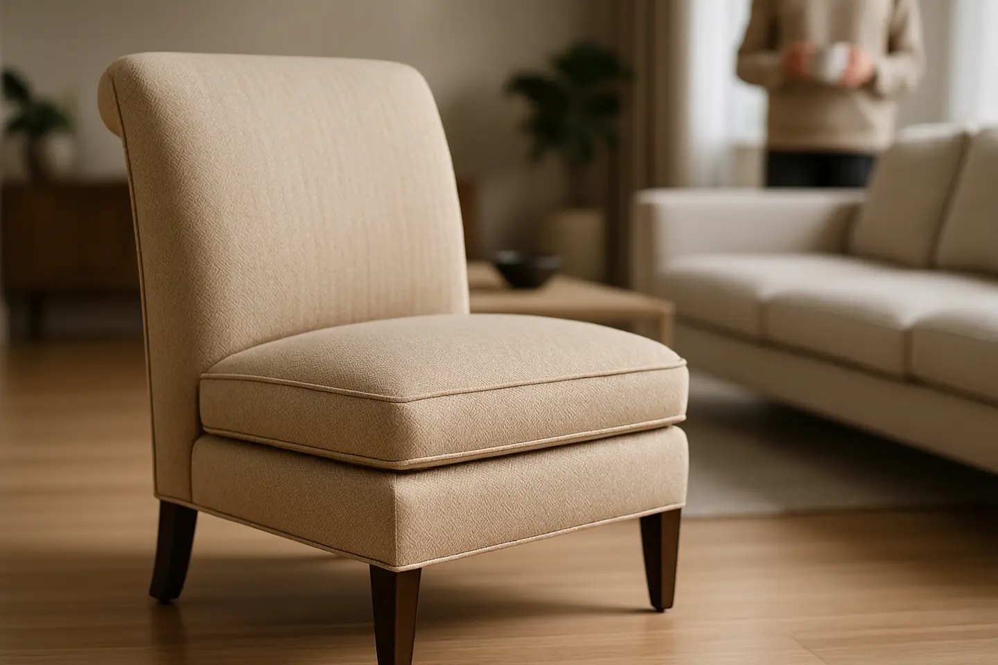 poltrona slipper ambiente domestico contemporaneo Poltrona Slipper elegante com tecido texturizado em sala de estar moderna