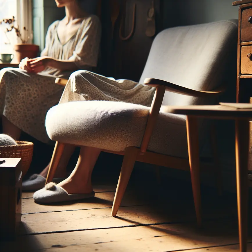 Mulher sentada confortavelmente em poltrona slipper vintage com tecido detalhado e pés de madeira em canto iluminado