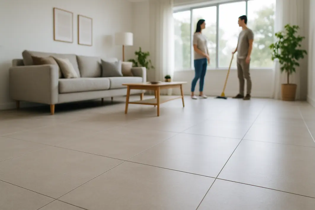 Sala de estar moderna com piso porcelanato fosco claro destacado pela textura matte, ambiente limpo e iluminado com vassoura ao fundo