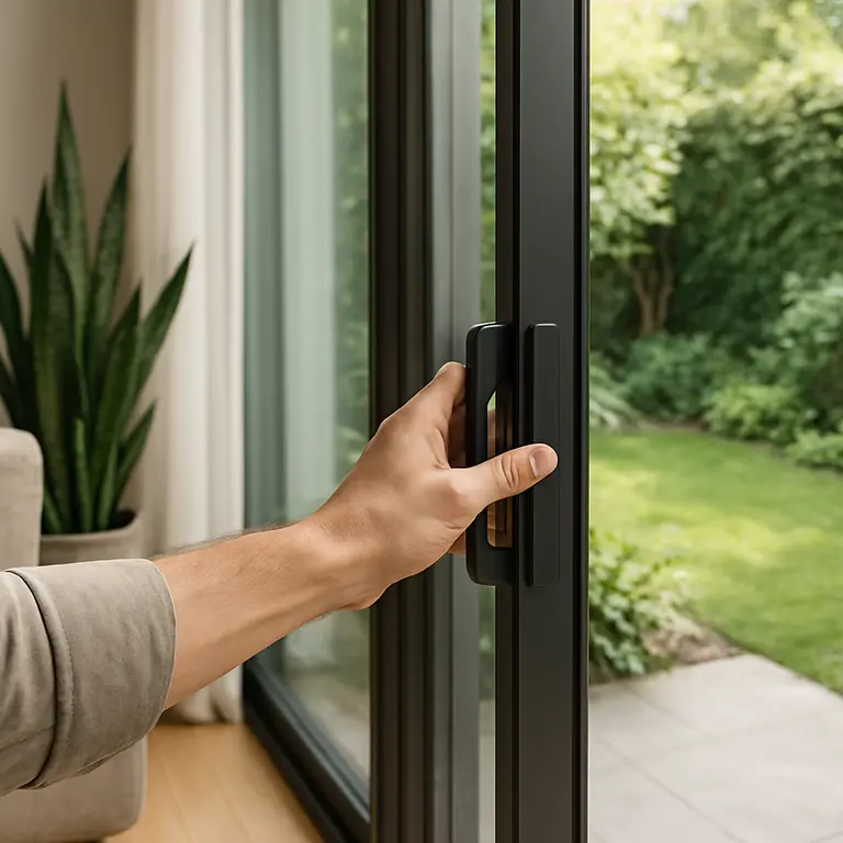 Pessoa abrindo porta de vidro deslizante integrando sala contemporânea com jardim externo