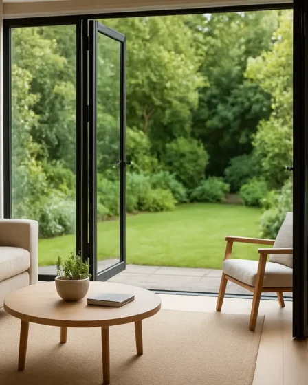 porta vidro integrada sala area externa Sala de estar integrada a jardim vibrante por portas de vidro abertas