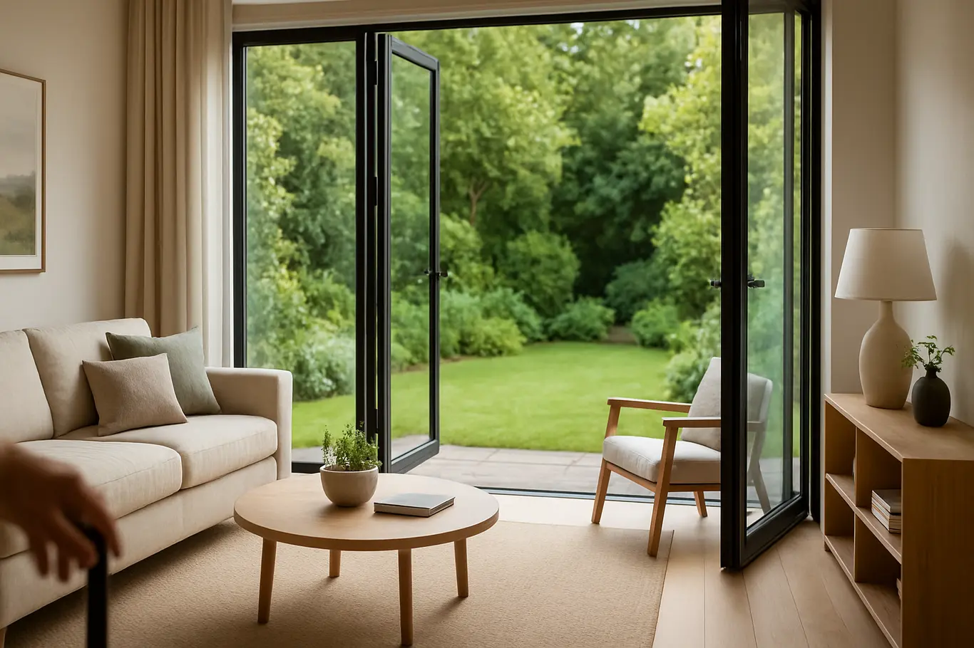 porta vidro integrada sala area Sala de estar integrada a jardim vibrante por portas de vidro abertas