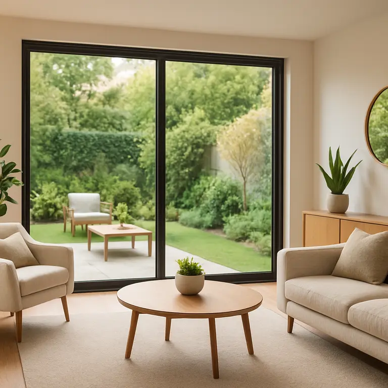 Portas de vidro integrando sala de estar com área externa com decoração moderna