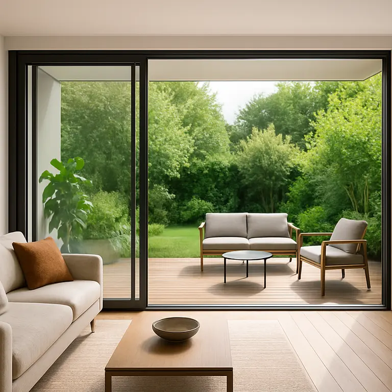 Portas de vidro temperado de correr abertas ligando sala de estar moderna a deck externo com plantas e mobiliário