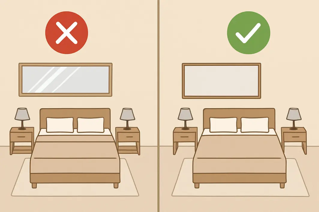 posicionamento espelho quarto feng shui Mãos ajustando espelho de parede em quarto com cama e janela refletidas