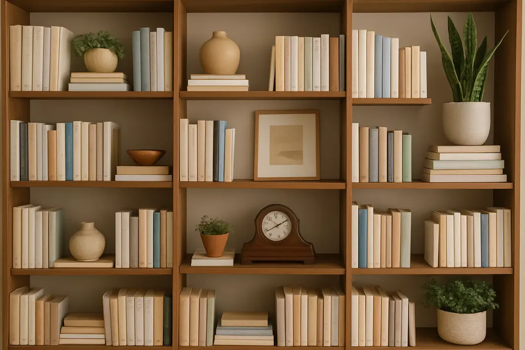 Pessoa organizando livros em prateleira de madeira clara com vasos pequenos e plantas