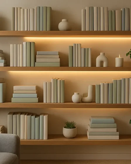 prateleiras livros decoracao sala acolhedora Prateleiras flutuantes de madeira natural com livros organizados por cor e objetos decorativos em sala de estar acolhedora