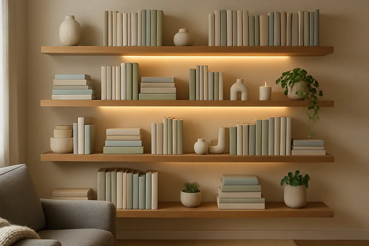 prateleiras livros decoracao sala acolhedora Prateleiras flutuantes de madeira natural com livros organizados por cor e objetos decorativos em sala de estar acolhedora