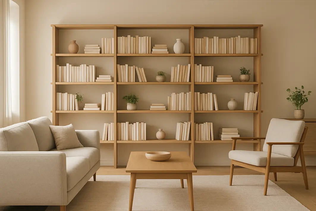 Sala de estar ampla com prateleiras de livros em madeira natural com acabamento fosco, livros organizados vertical e horizontalmente, objetos decorativos e plantas pequenas
