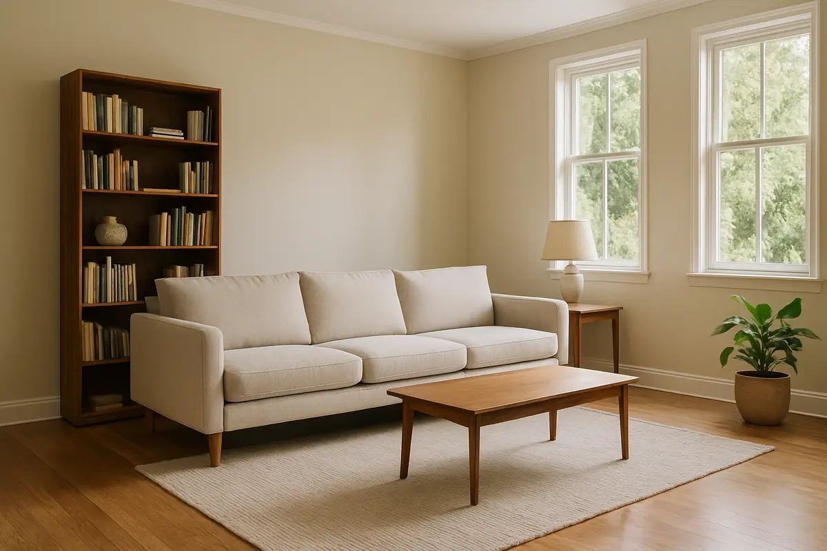 proporcao moveis sala conforto circulacao Sala espaçosa com móveis proporcionais dispostos para circulação e conforto, incluindo sofá claro, mesa de centro média e estante alta