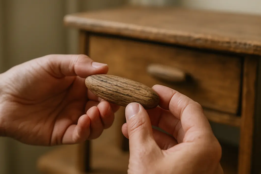 Mãos adultas segurando puxador artesanal de madeira com textura rústica