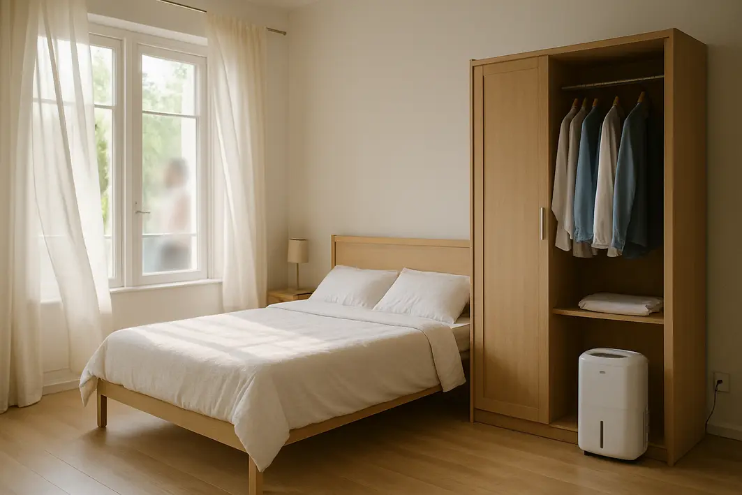 Quarto amplo e iluminado com janelas abertas, cortinas leves esvoaçando, cama arrumada e desumidificador em canto