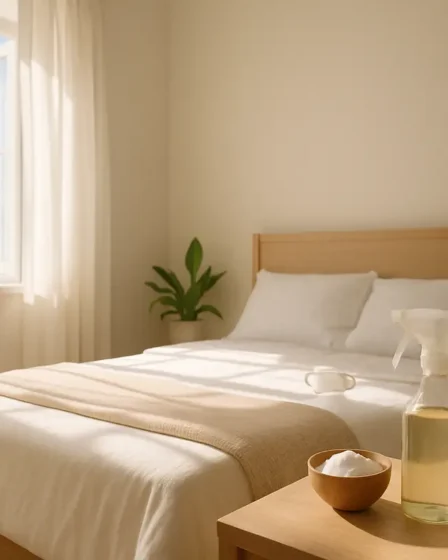 quarto arejado limpeza mofo natural Quarto arejado com cama branca feita, janela aberta com cortinas translúcidas ao vento, mesa com borrifador de vidro, tigela com bicarbonato e frasco de carvão ativado, plantas em vasos e desumidificador em funcionamento