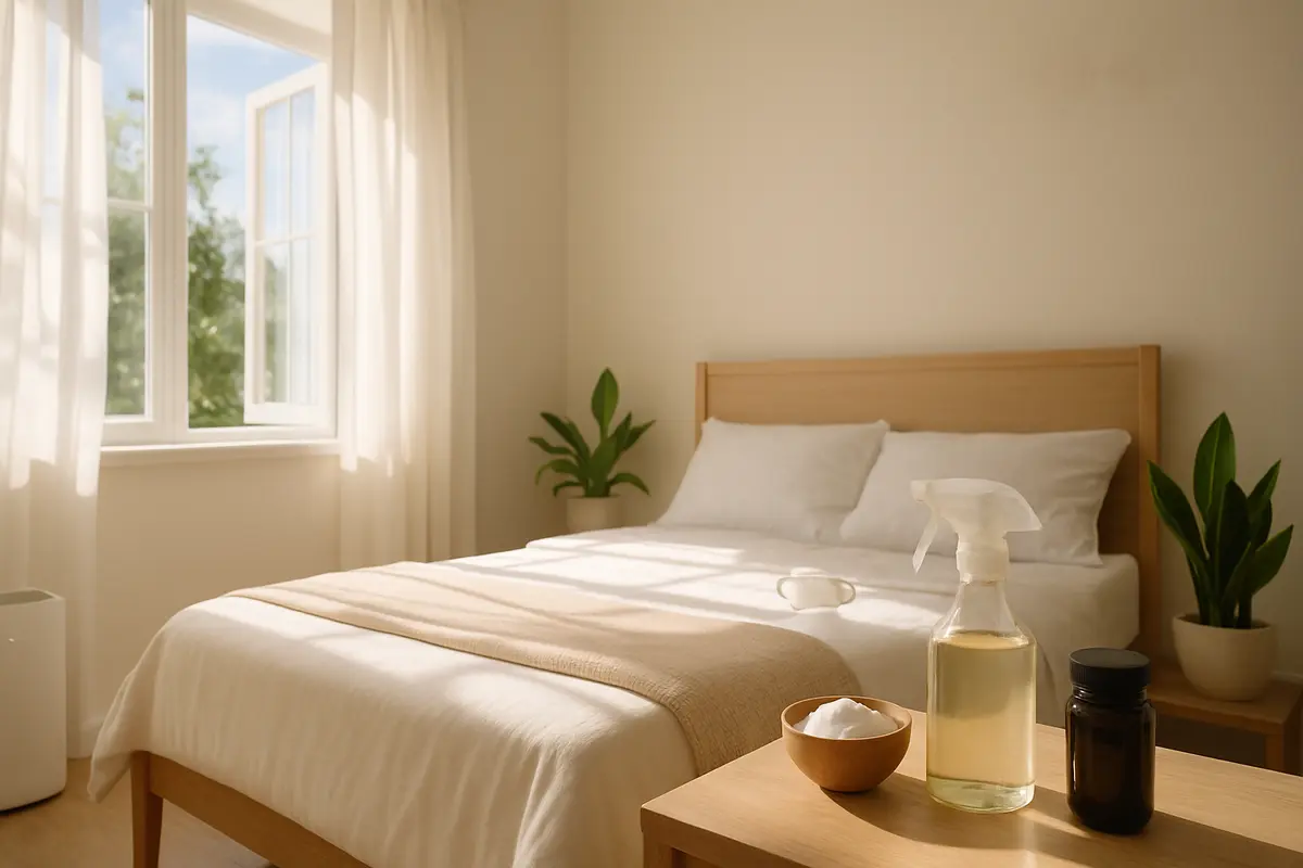 quarto arejado limpeza mofo natural Quarto arejado com cama branca feita, janela aberta com cortinas translúcidas ao vento, mesa com borrifador de vidro, tigela com bicarbonato e frasco de carvão ativado, plantas em vasos e desumidificador em funcionamento