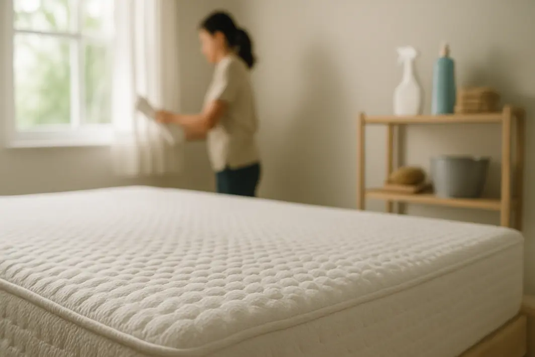 Quarto claro com colchão de espuma limpo e arejado ao lado de móvel com produtos de limpeza