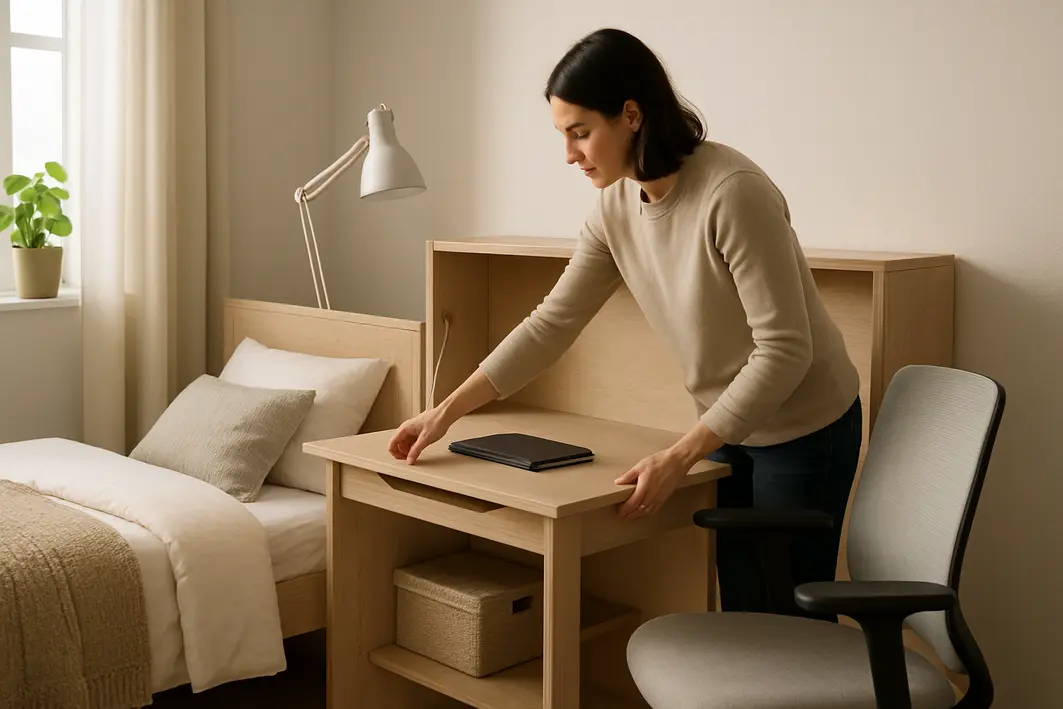 Pessoa organizando escrivaninha compacta ao lado de cama retrátil aberta em quarto claro