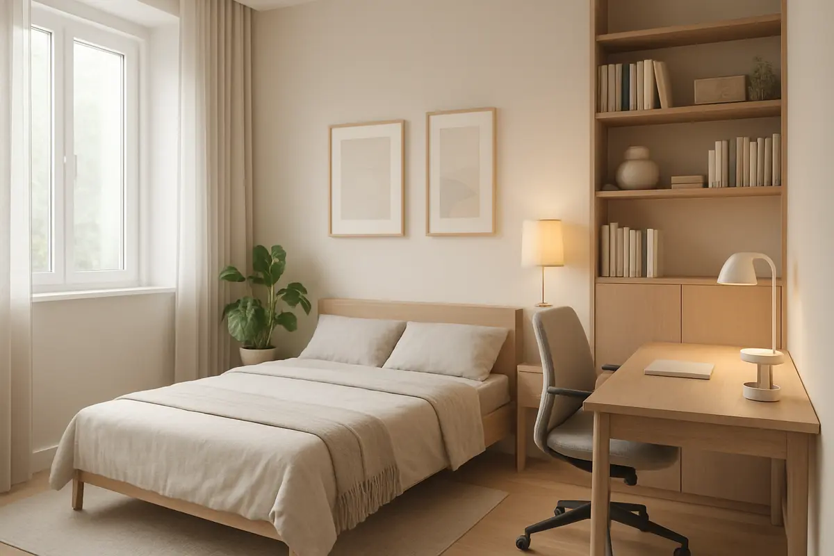 quarto de hospedes escritorio luxo 1 Quarto de hóspedes moderno com sofá-cama e escrivaninha em estilo escandinavo