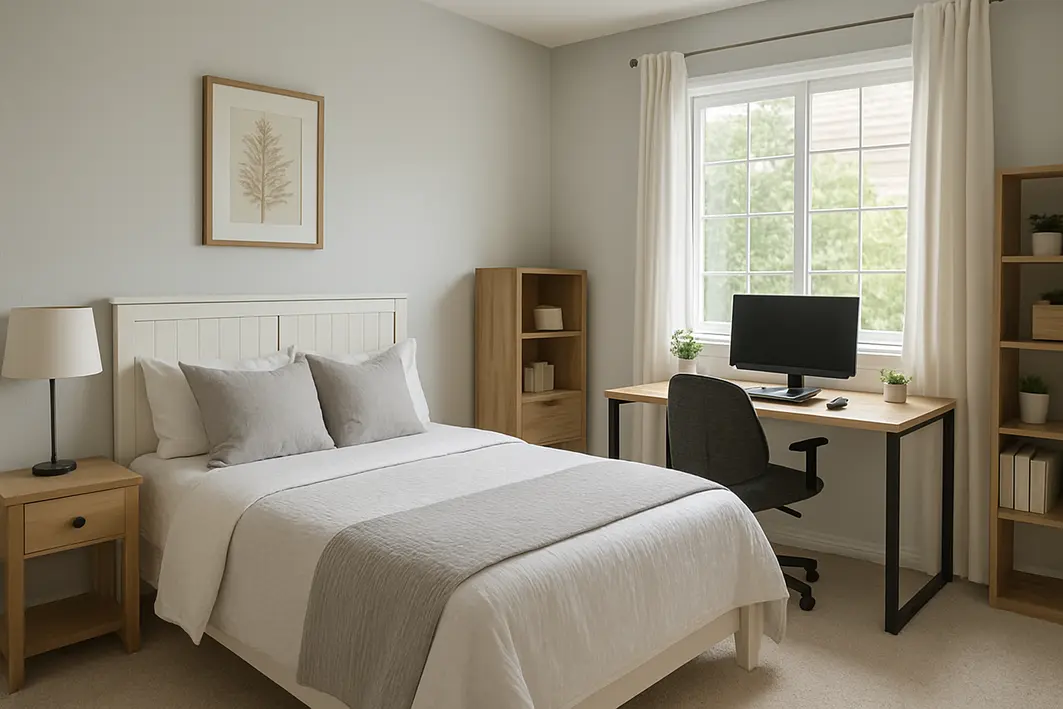 Pessoa organizando mesa de escritório moderna em quarto de hóspedes reformado com cadeira ergonômica, luminária e prateleiras decoradas