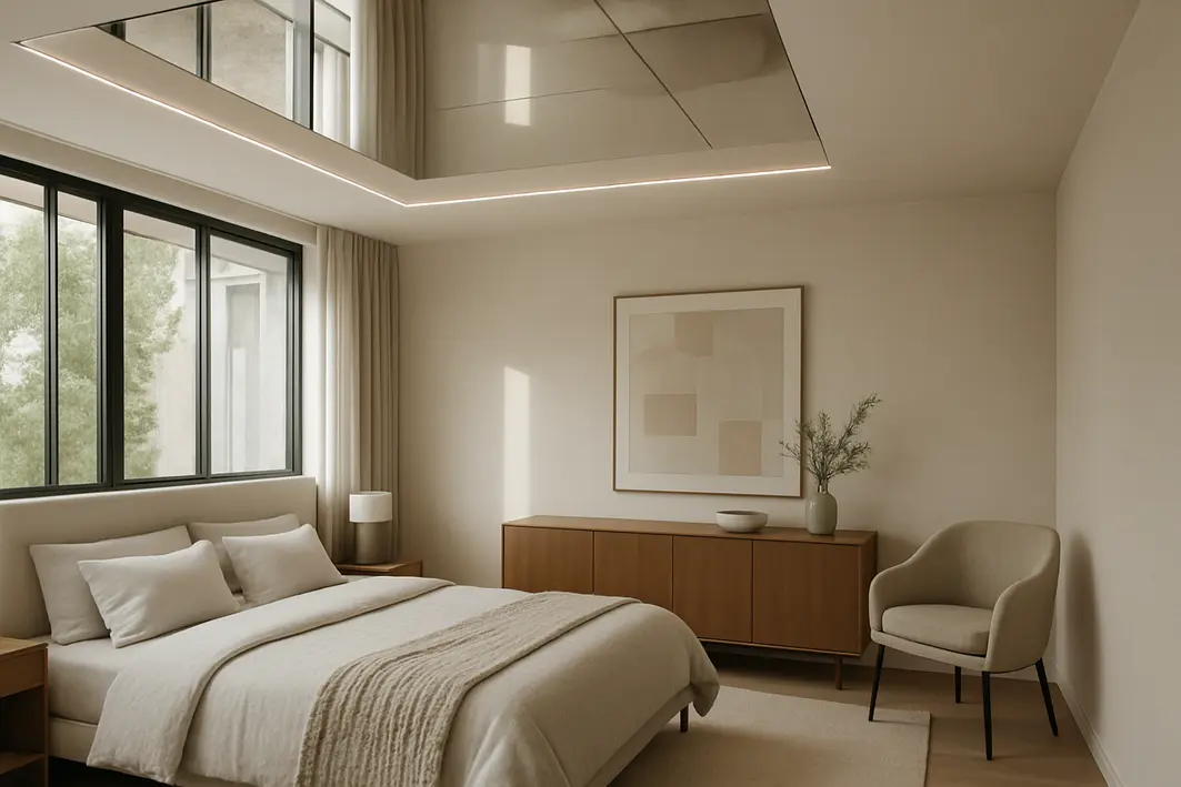 Quarto contemporaneo com espelho no teto refletindo luz natural e mobilia moderna minimalista