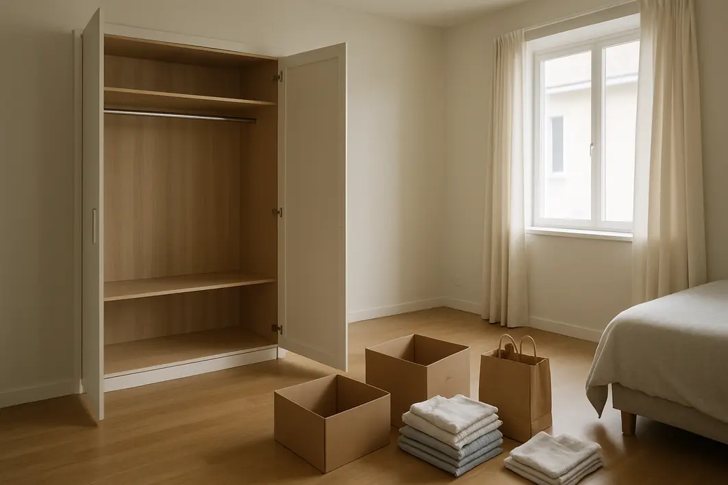 Quarto amplo com guarda-roupa aberto e vazio, caixas abertas e sacolas para separar itens organizados no local