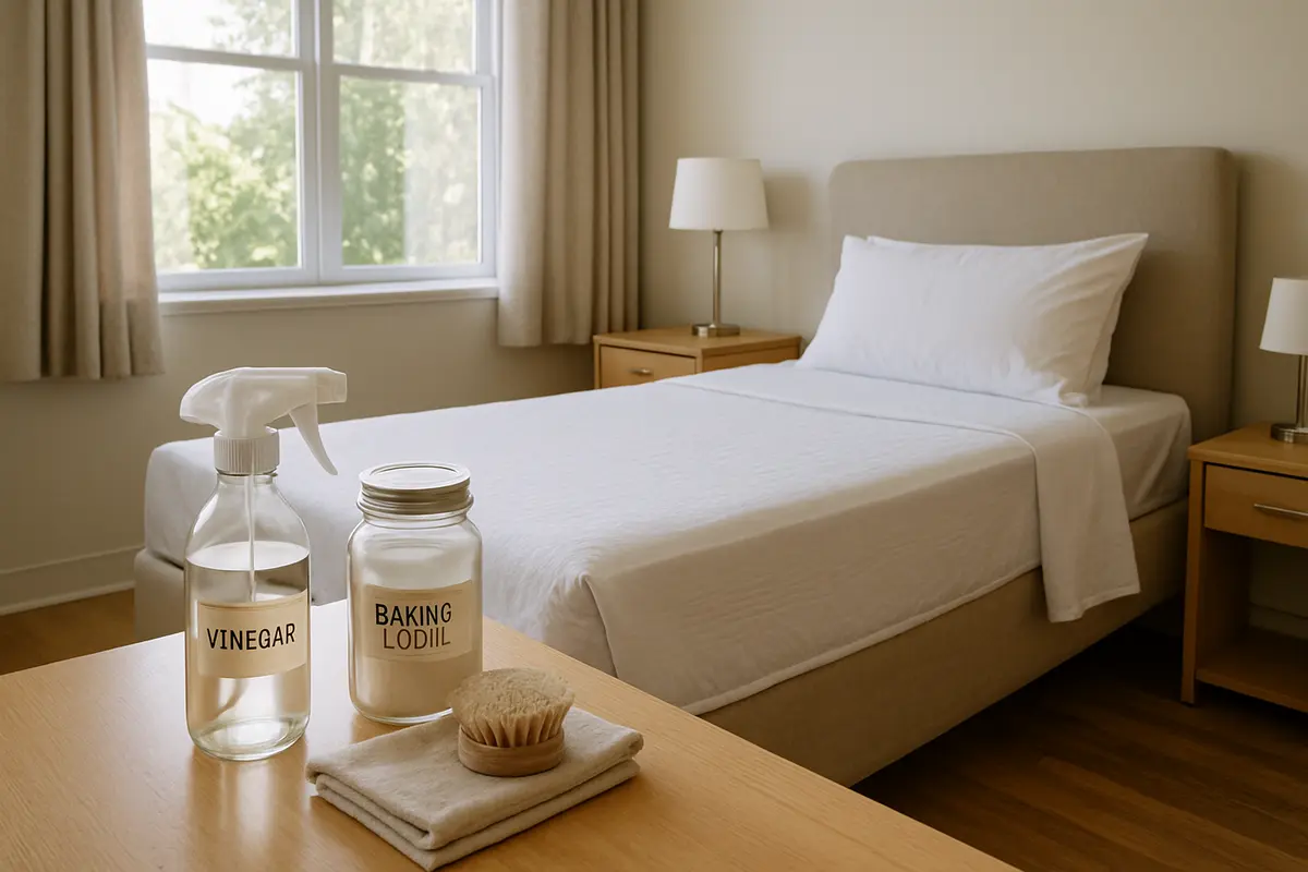 quarto idoso limpeza natural Quarto de idoso com cama protegida por impermeável, piso de madeira e kit de limpeza natural com vinagre e bicarbonato sobre mesa
