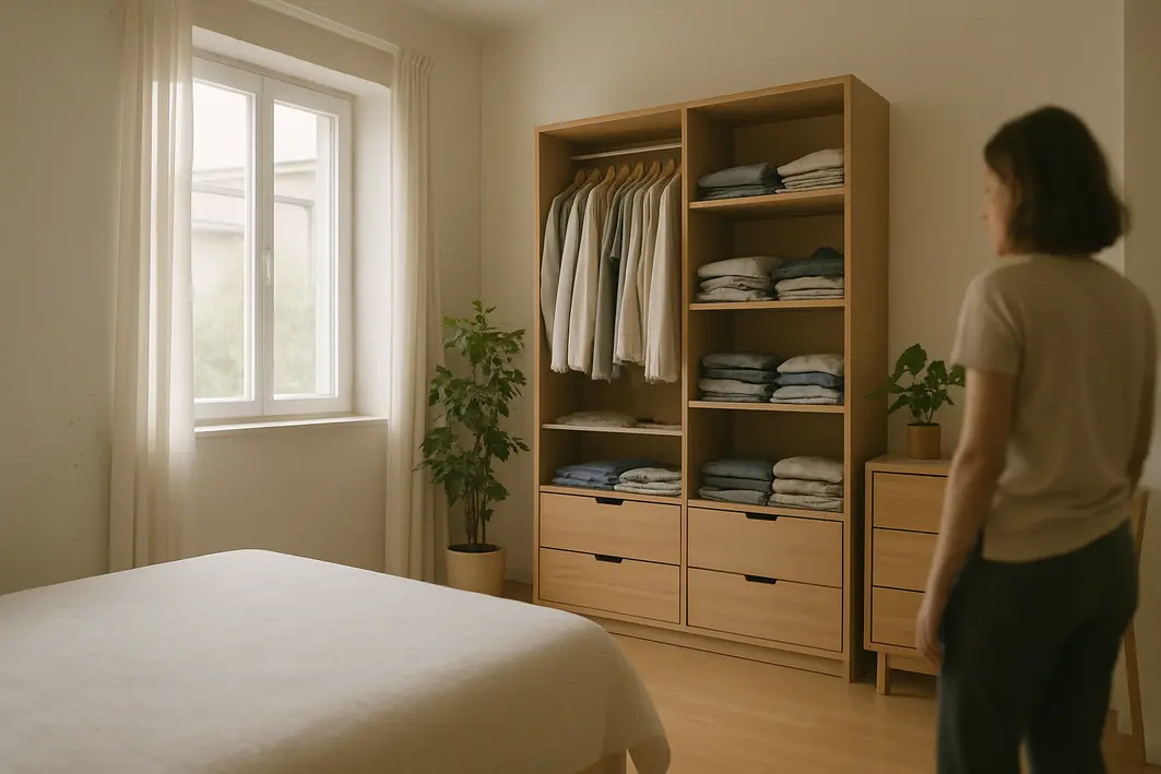 Quarto amplo e organizado com paredes claras e leve umidade, janela semiaberta para ventilação, móveis de madeira clara e plantas no ambiente