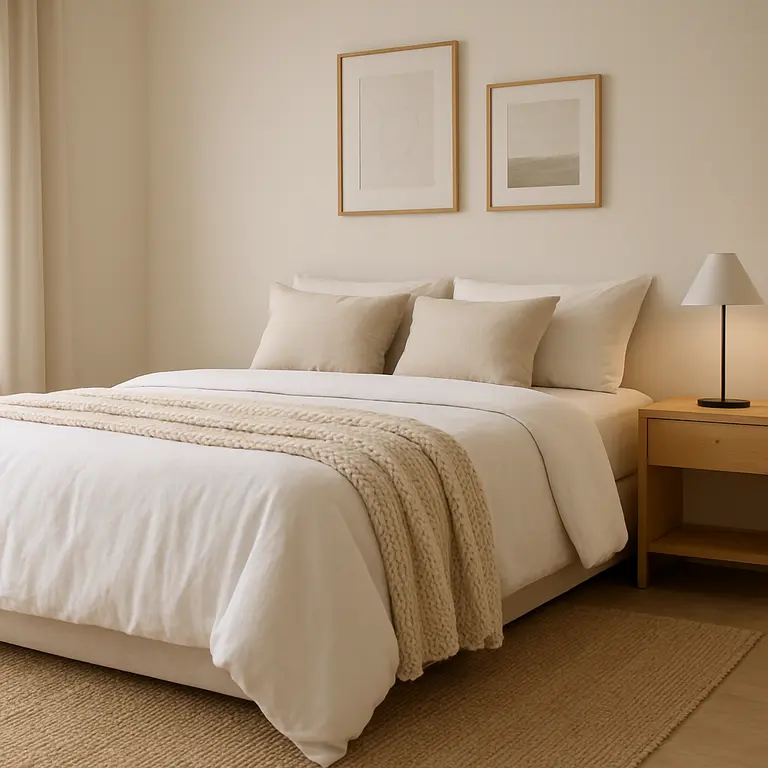 Quarto minimalista com cama branca e decoração simples