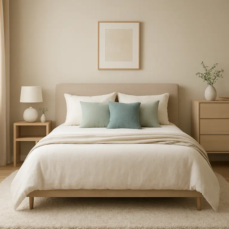 Quarto minimalista acolhedor com paleta neutra e móveis essenciais organizados