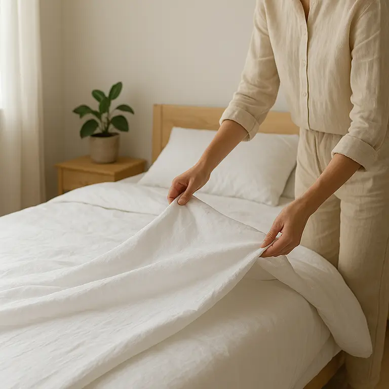 Pessoa arrumando cama com lençóis brancos em quarto minimalista com detalhes em madeira clara e plantas verdes ao fundo