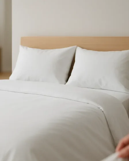 quarto minimalista moderno clean Quarto minimalista moderno com cama branca e mesa de madeira clara com vaso de plantas