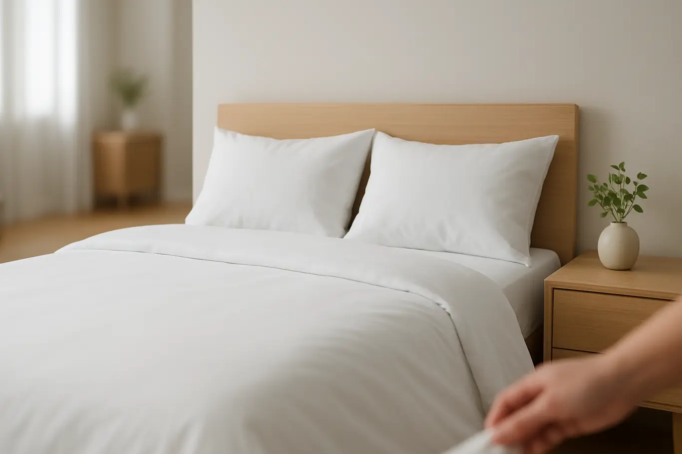 quarto minimalista moderno clean Quarto minimalista moderno com cama branca e mesa de madeira clara com vaso de plantas