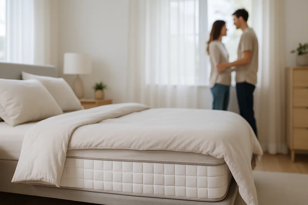 Quarto moderno e organizado com cama e colchão estruturado em destaque