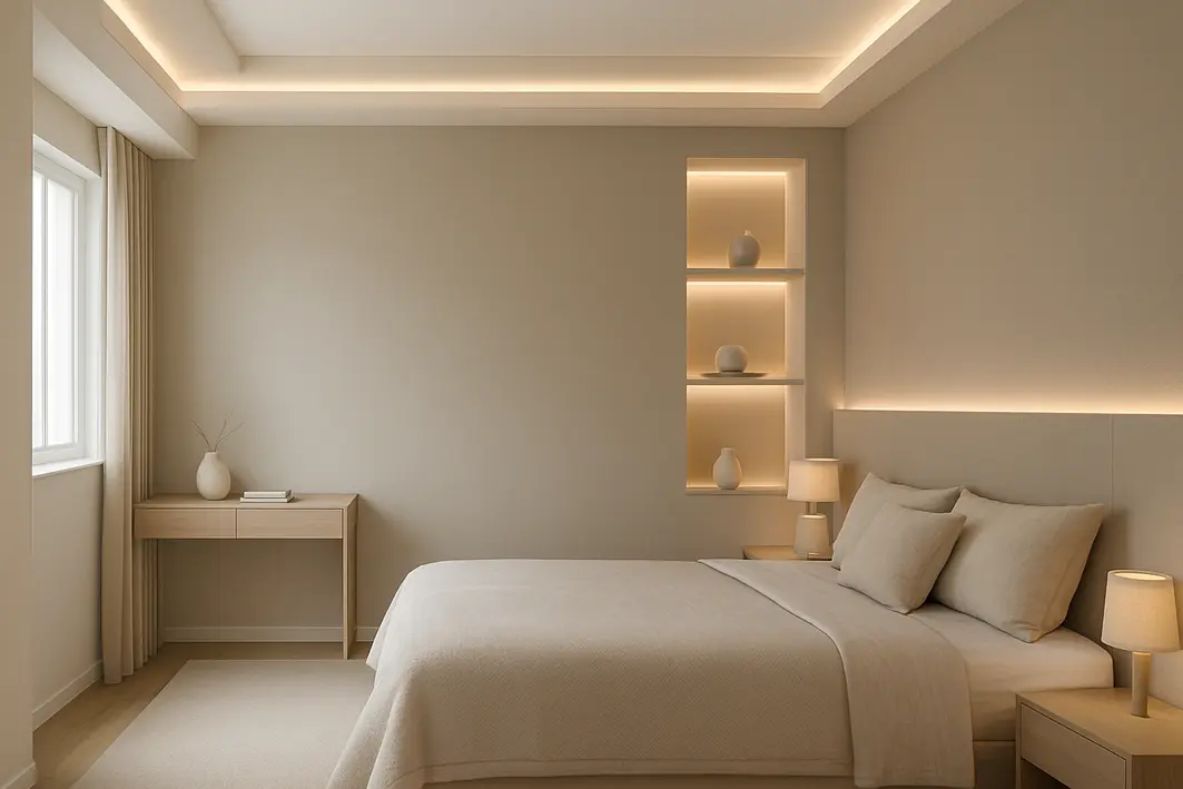 Quarto moderno com fitas de LED instaladas em nichos de gesso no teto, atrás da cabeceira e em prateleiras, iluminação indireta em ambiente neutro